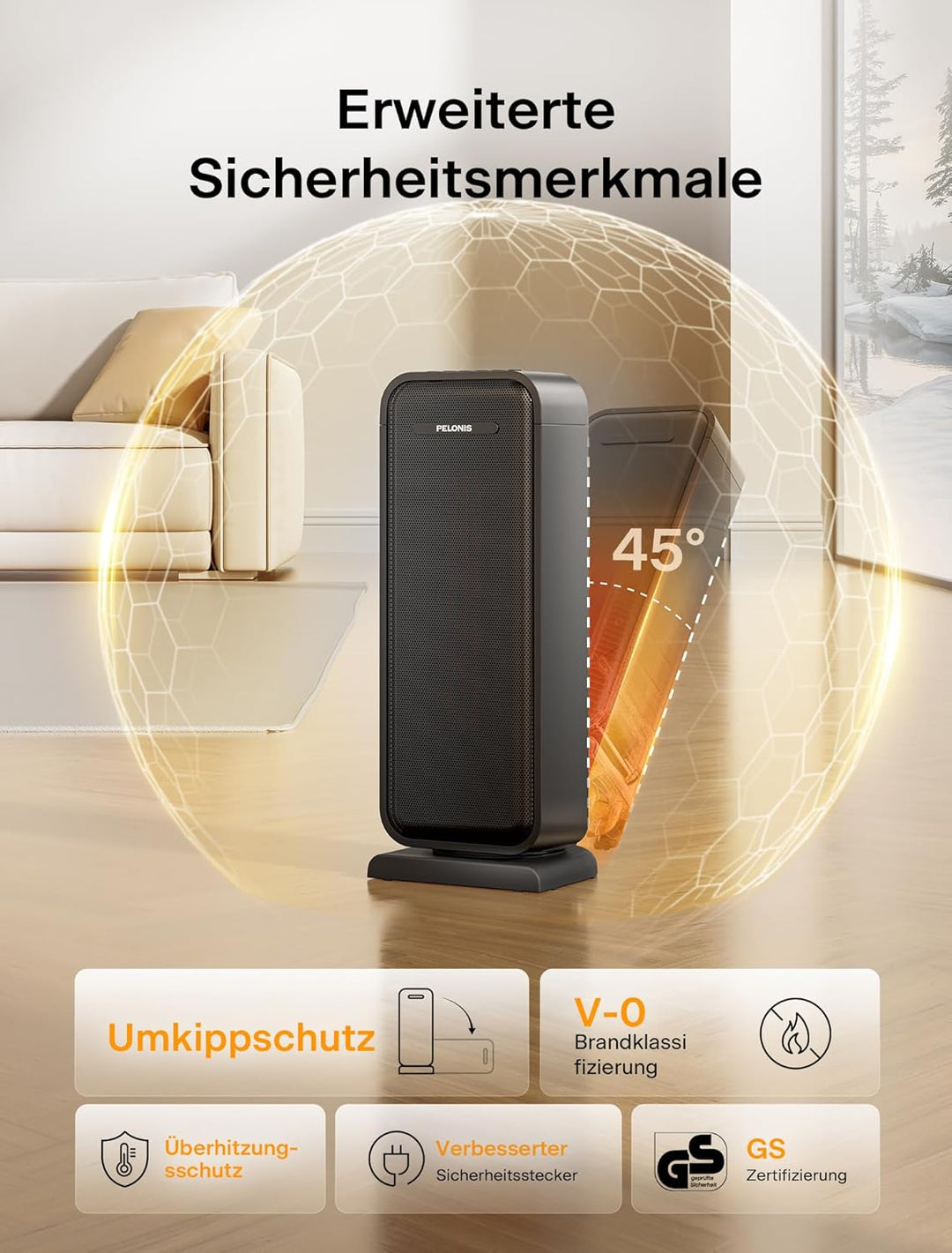PELONIS Elektrische Heizung, 2000 W energieeffiziente, raumsparende Raumheizung, tragbare Keramik He