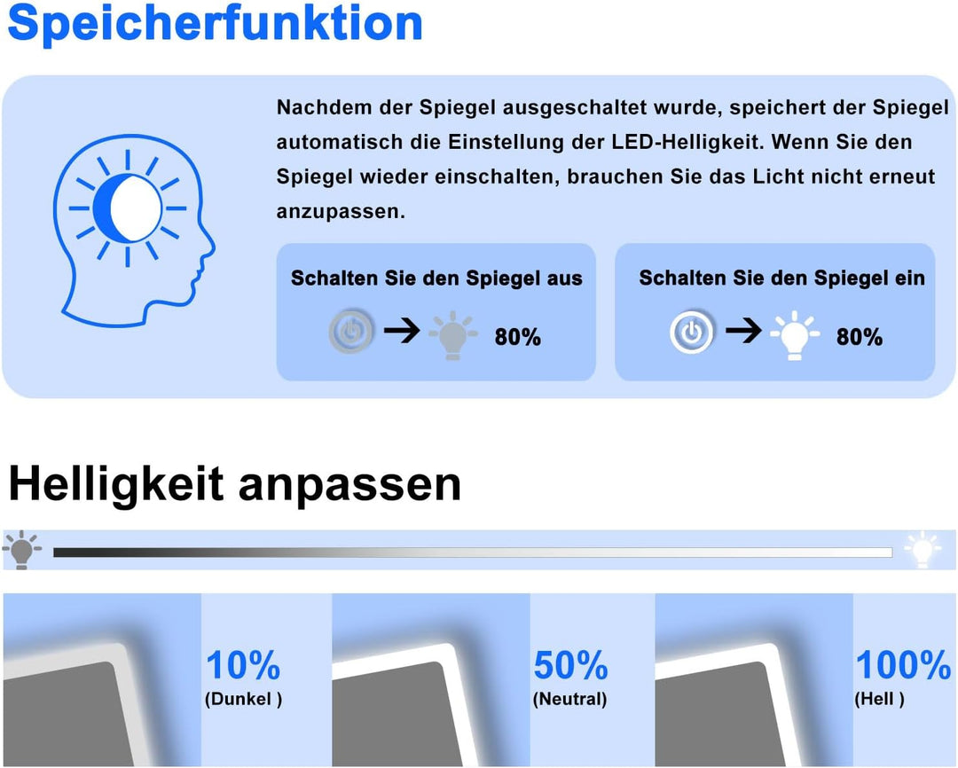 Badezimmerspiegel mit LED 160x80cm LED Spiegel mit Bluetooth Beschlagfrei 3-Fach Schminkspiegel Bads