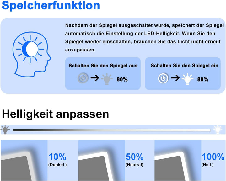 Badezimmerspiegel mit LED 160x80cm LED Spiegel mit Bluetooth Beschlagfrei 3-Fach Schminkspiegel Bads