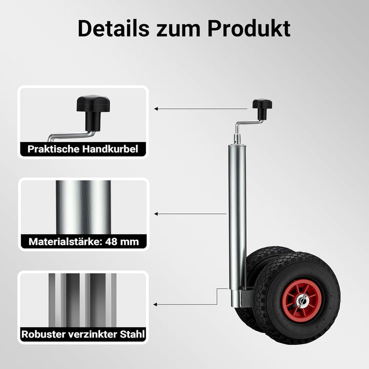 Wiltec Doppelstützrad bis 200 kg, Anhängerstütze mit aufblasbaren Reifen, Stützlast Bugrad ausziehba