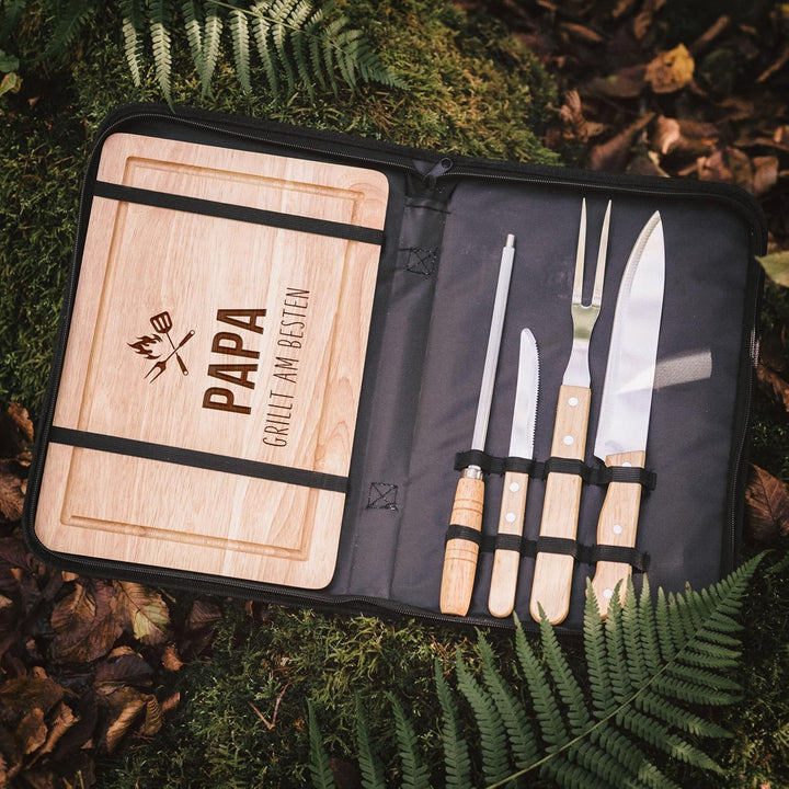 Grillset mit Messer im Messerset, Grillen Geschenk, Grill Accessories, Grillbrett, Geschenke für Män