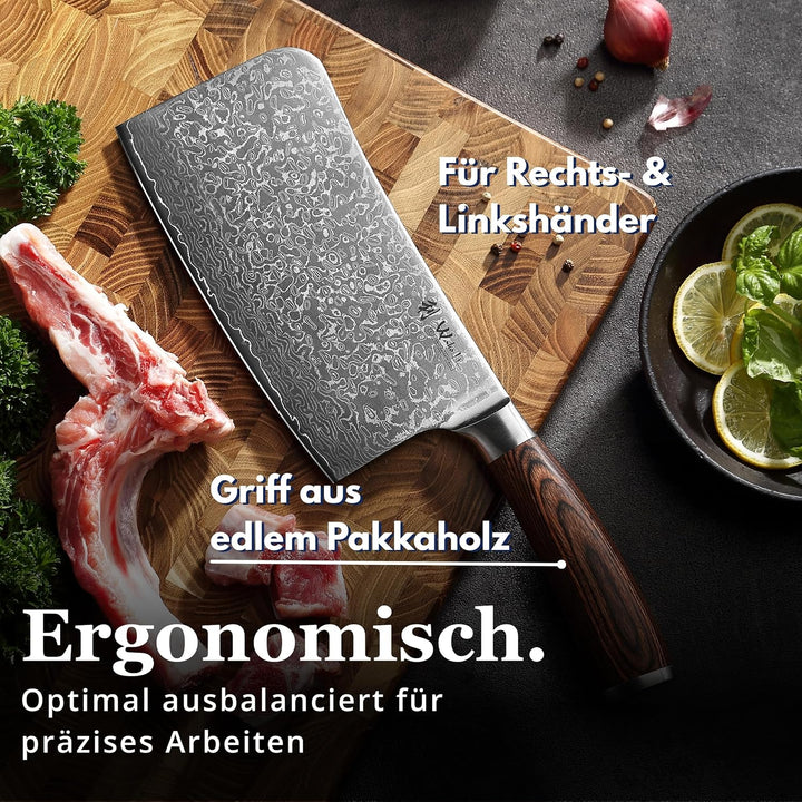 Wakoli EDIB Sakura Knochenhackmesser 18 cm Damast Hackbeil aus 67 Lagen & VG10 Kern, 60–62 HRC Schar