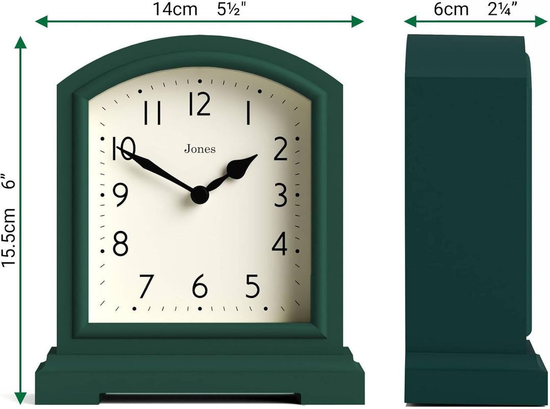 JONES CLOCKS® Tavern Kaminuhr | Modernes Bogenoberdesign | Dunkelgrün | Zeitgenössischer klassischer