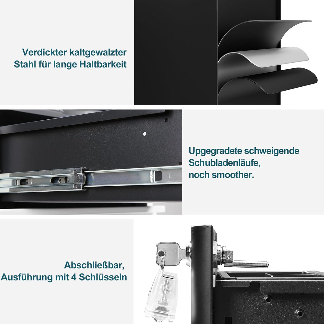 Rollcontainer, Aktenschrank, Schubladenschrank, Büroschrank aus Metall, Vormontiert, Abschliessbarer