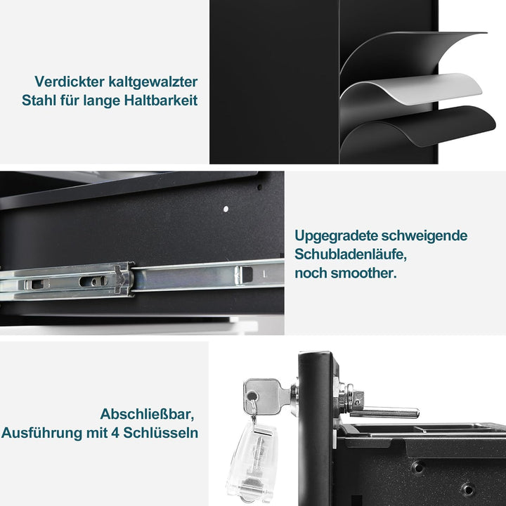 Rollcontainer, Aktenschrank, Schubladenschrank, Büroschrank aus Metall, Vormontiert, Abschliessbarer