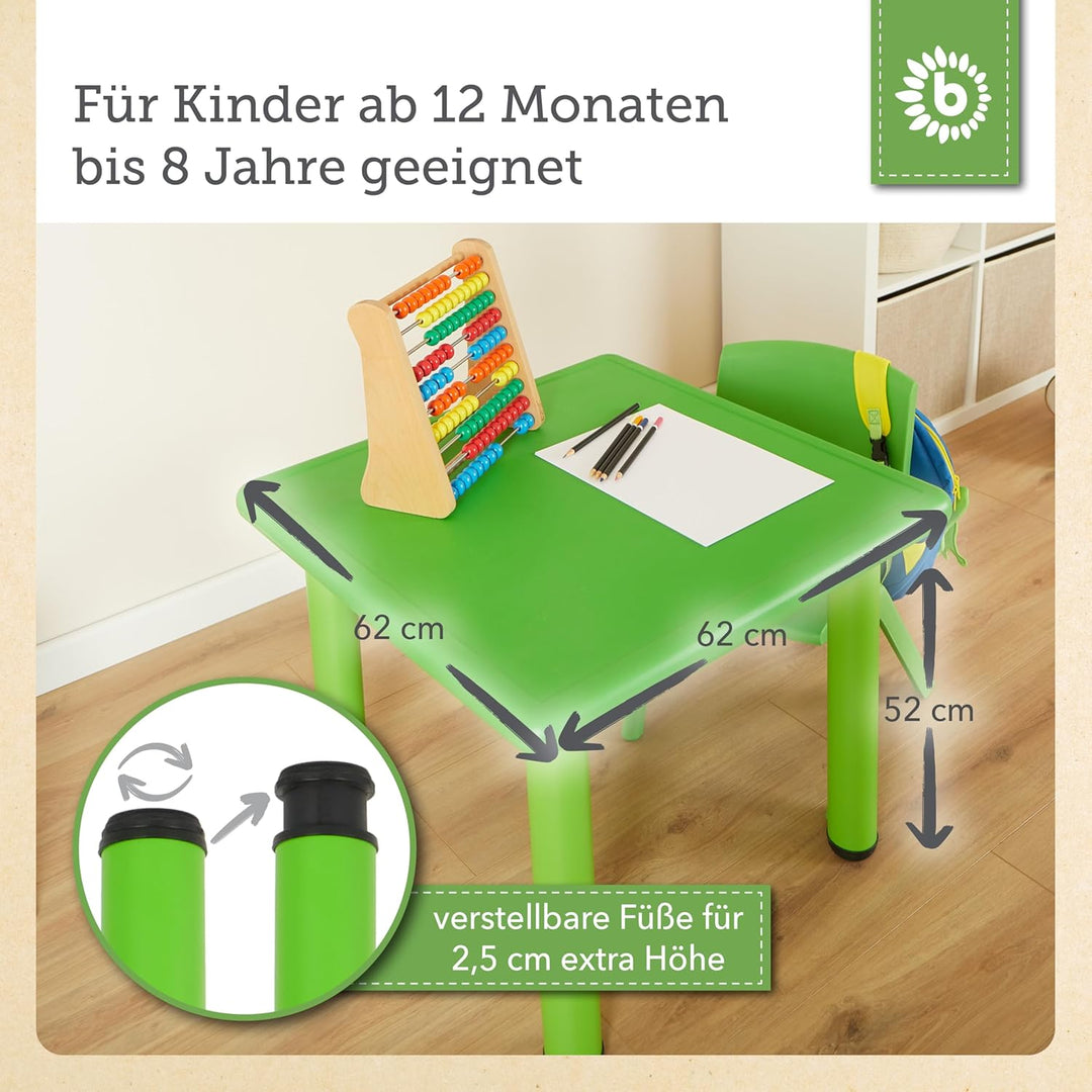 Bieco Kinder Tisch mit 2 Stühlen | Stapelbar & Kippsicher | Maltisch und Basteltisch Grün & Grün, Gr