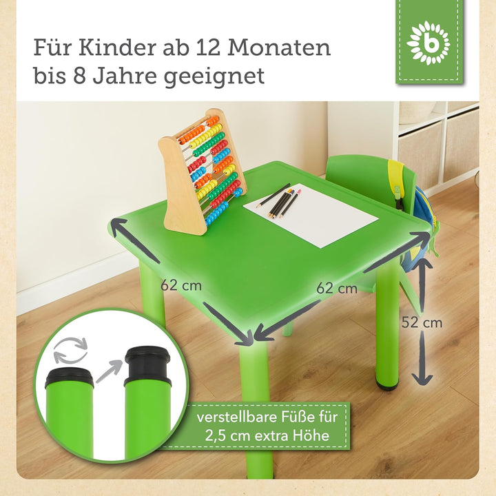 Bieco Kinder Tisch mit 2 Stühlen | Stapelbar & Kippsicher | Maltisch und Basteltisch Grün & Grün, Gr