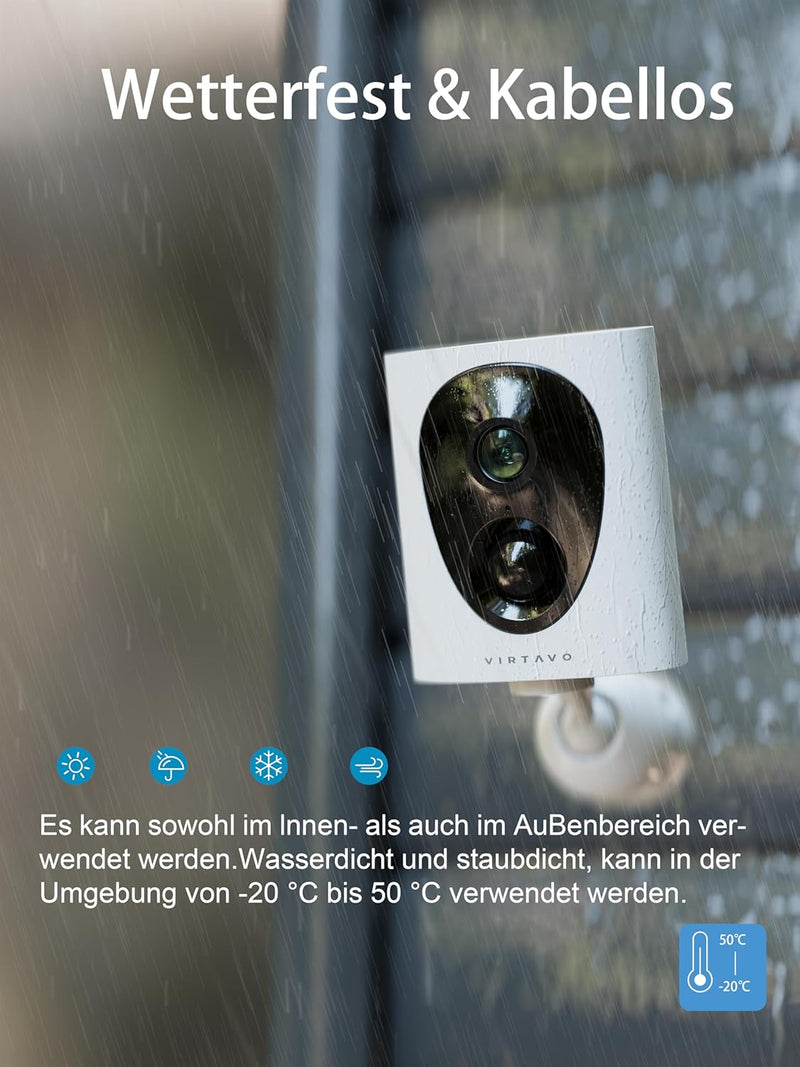 virtavo 2K Überwachungskamera Aussen Akku WLAN HD Kabellos Kamera, Nachtsicht WiFi Outdoor,aussen/in