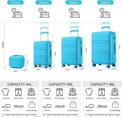 KONO Koffer Trolleys Gepäck-Set Leicht ABS Hartschalenkoffer mit TSA Schloss bei Organizer Set 8-tei