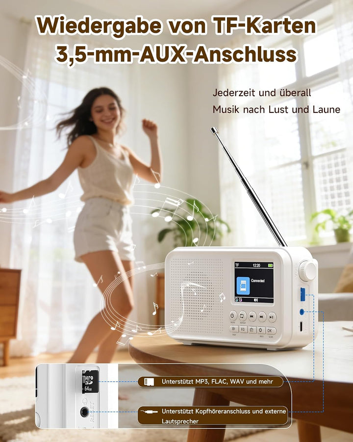 Roxicosly Tragbares DAB/DAB+ Radio, 80 Voreingestellte, UKW Digital Radio mit 3000-mAh Akku, Küchenr