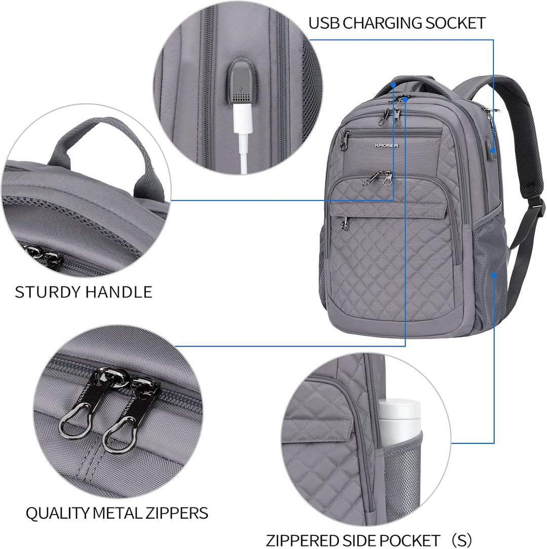 KROSER Laptop Rucksack 17-17,3'' Business Rucksack Schulrucksack 17.3" Gesteppt Grau, 17.3" Gesteppt