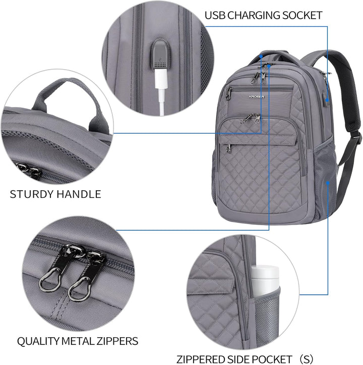 KROSER Laptop Rucksack 17-17,3'' Business Rucksack Schulrucksack 17.3" Gesteppt Grau, 17.3" Gesteppt