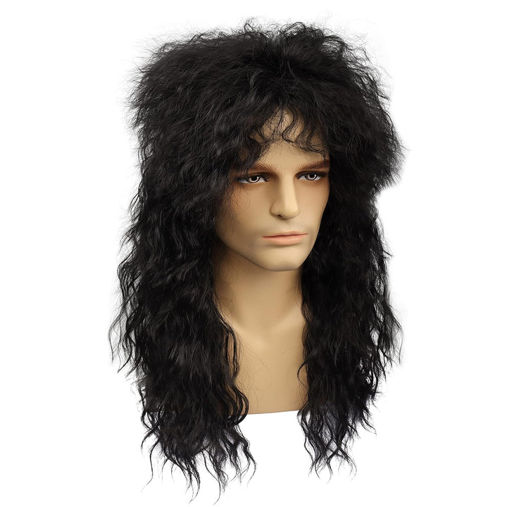 MEIRIYFA Herren 80er Jahre Perücke Lange Lockige Perücke Schwarz Rocker Punk Perücke Vokuhila Perück