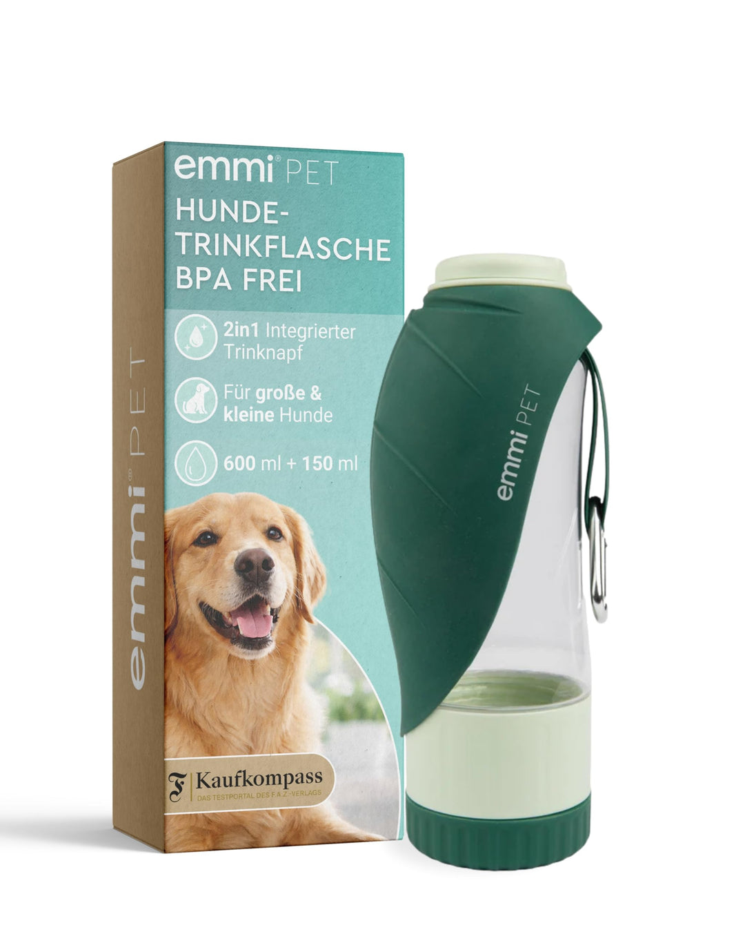 emmi-PET 2-in-1 Hundetrinkflasche mit Futterbehälter in Dunkelgrün I 600 ml Wasser & 150 ml Snacks I