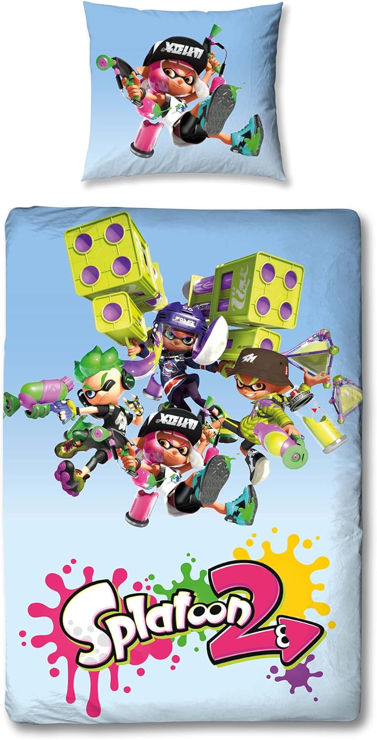 Splatoon 2 Wende-Bettwäsche Group 135 x 200 cm + 80 x 80 cm 100% Baumwolle Renforcé-Linon-Qualität K