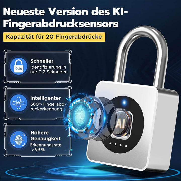 Smart Fingerabdruck Vorhängeschloss für Spinde, mit Bluetooth-App, IP65 wasserdicht, schlüsselloses