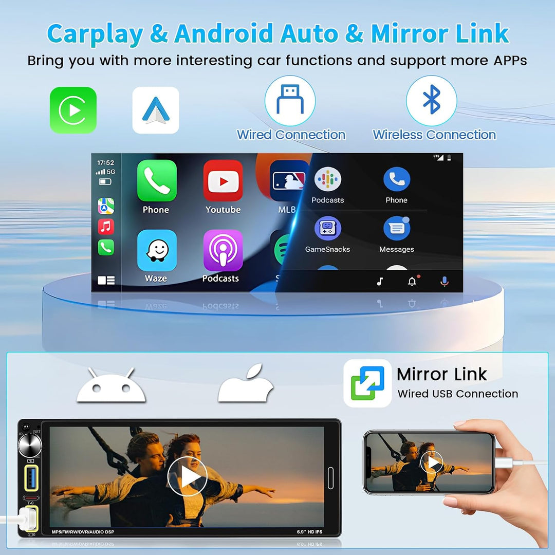 Hikity Autoradio 1Din Wireless Carplay mit 6.9-Zoll Bildschirm Knöpfe Auto Bluetooth Radio Con Andro