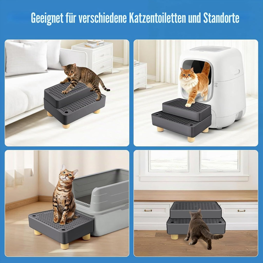 Verstellbare 2-stufige Katzentoilettenrampe, Katzen Treppen&amp;Stufen mit Holzfüsse Filterfunktion, lei