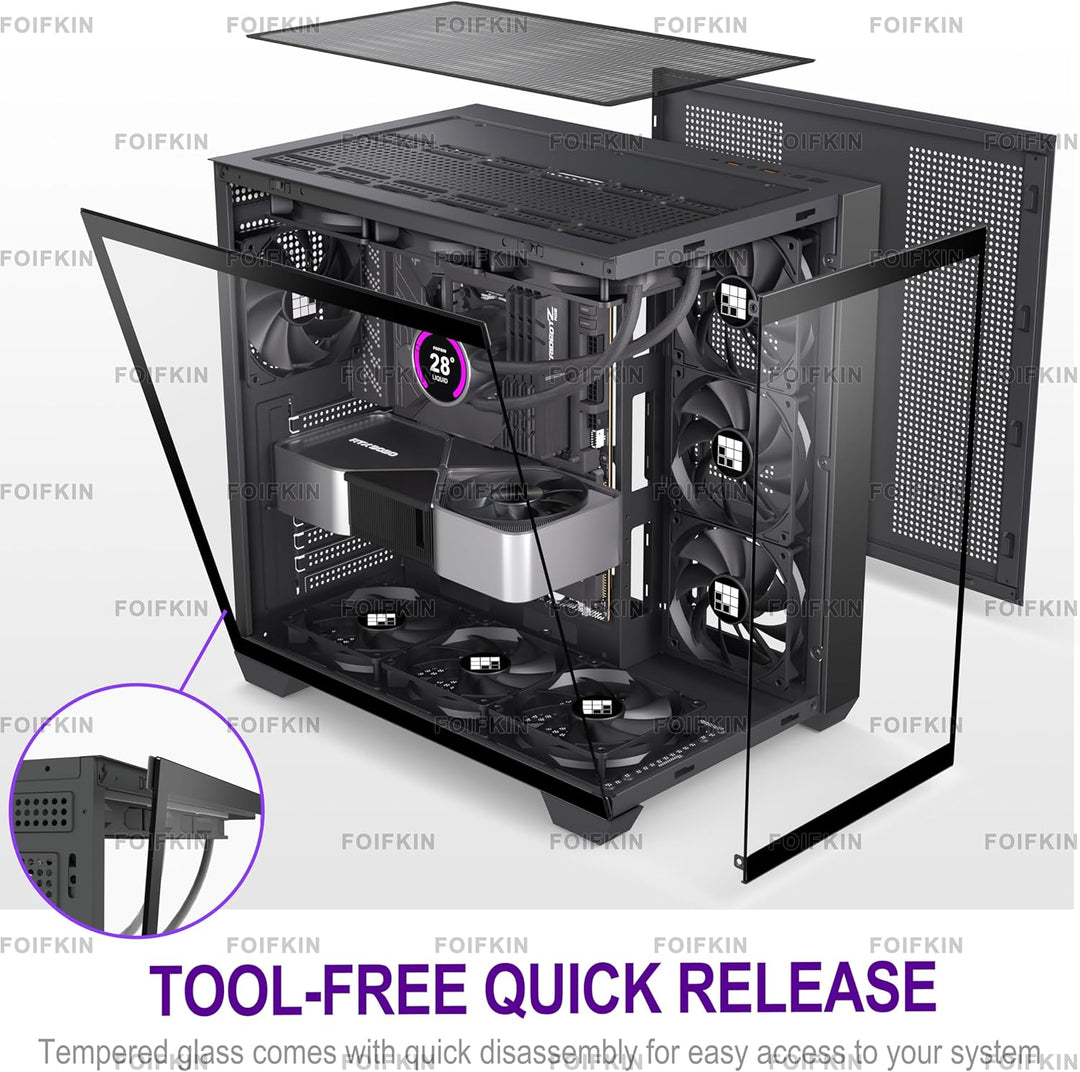 FOIFKIN PC Gehäuse - Vorinstallierte 3 PWM ohne RGB-Lüfter, ATX Mid-Tower Gaming PC Gehäuse, 270° Pa