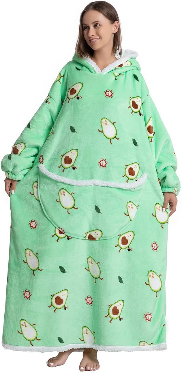 Queenshin Grüne Avocado Hoodie Decke Langes Dicke mit Ärmeln Kuscheldecke Deckenpullover für Damen H