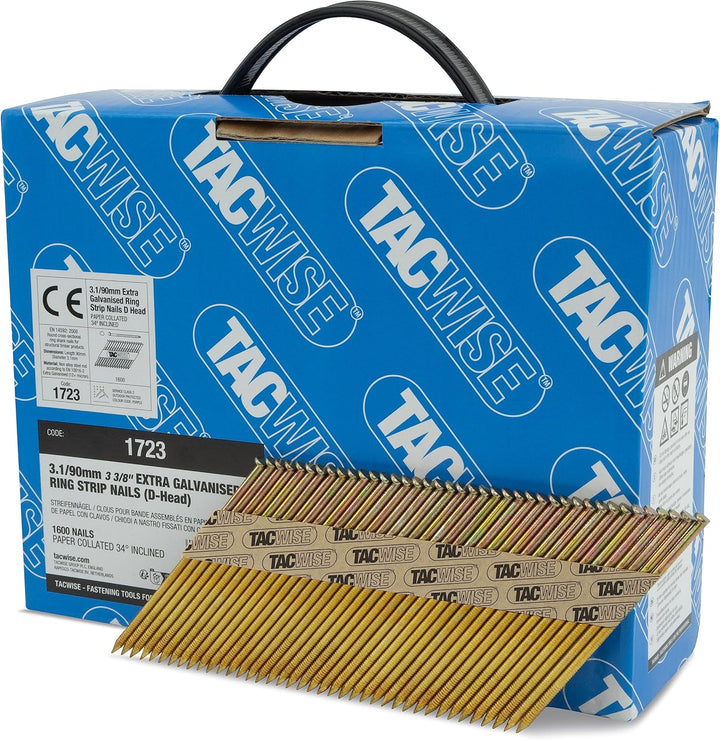 TACWISE 1723 Extra verzinkte Rahmennägel, 3,1/90 mm, D-Kopf, Ringschaft, 34°-Neigung, papiergebunden