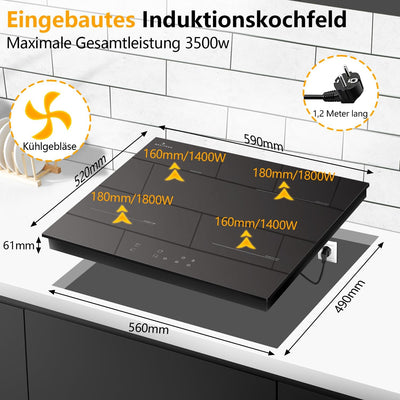 Induktionskochfeld 4 Platten mit Stecker, DELITEER, Induktions Kochfeld Autark 16A Steckerdose, 3500