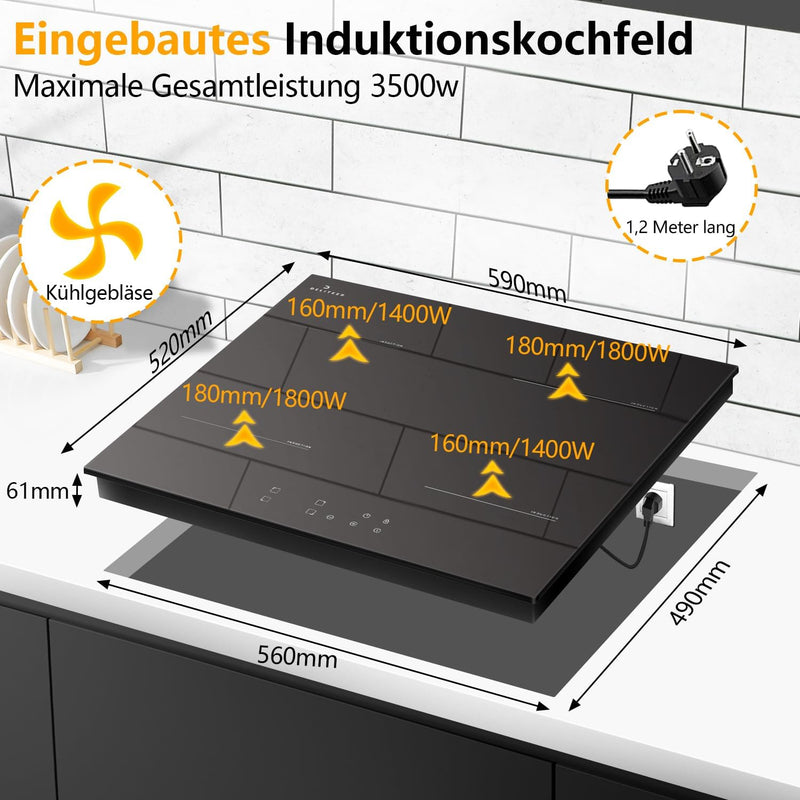 Induktionskochfeld 4 Platten mit Stecker, DELITEER, Induktions Kochfeld Autark 16A Steckerdose, 3500