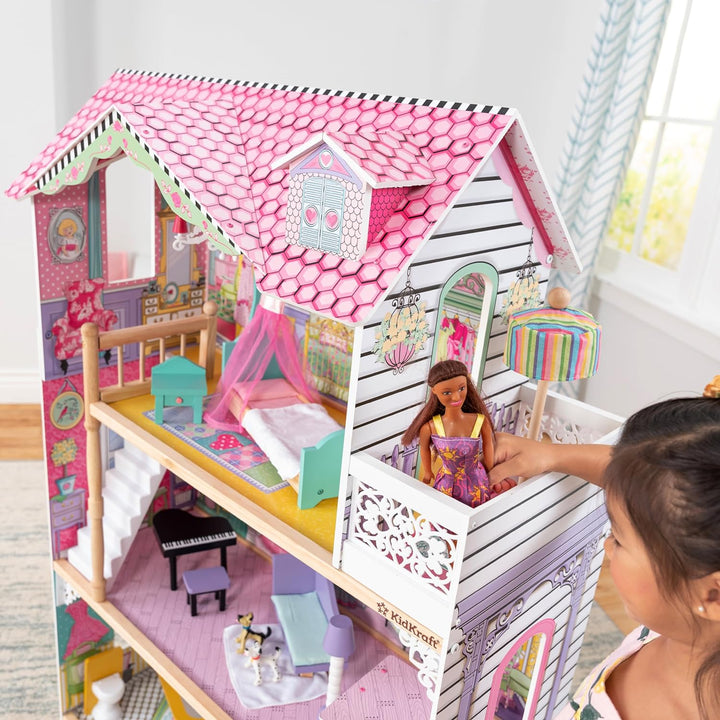 KidKraft Annabelle Puppenhaus aus Holz mit Möbeln und Zubehör, Spielset mit Aufzug und Balkon für 30