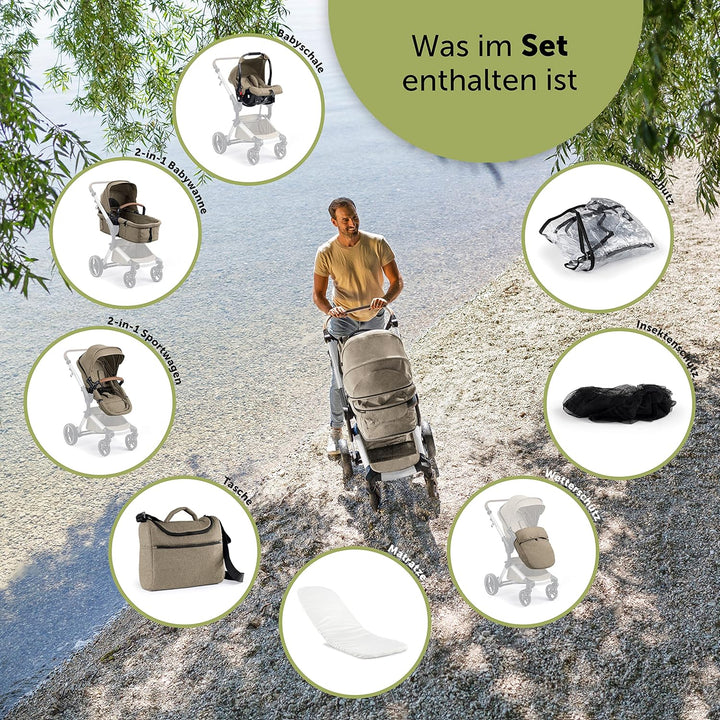 Bergsteiger Kinderwagen Lugo 3in1 | Kombikinderwagen Komplettset inkl. Zubehör - Babyschale, Buggy-A