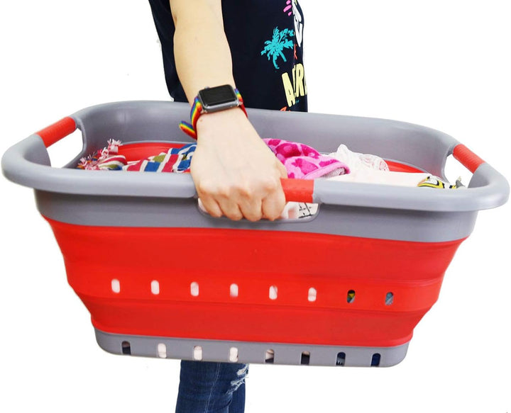 SAMMART 41L Collapsible 3 Handled Plastic Laundry Basket - Foldable Pop Up Storage Basket/Organizer