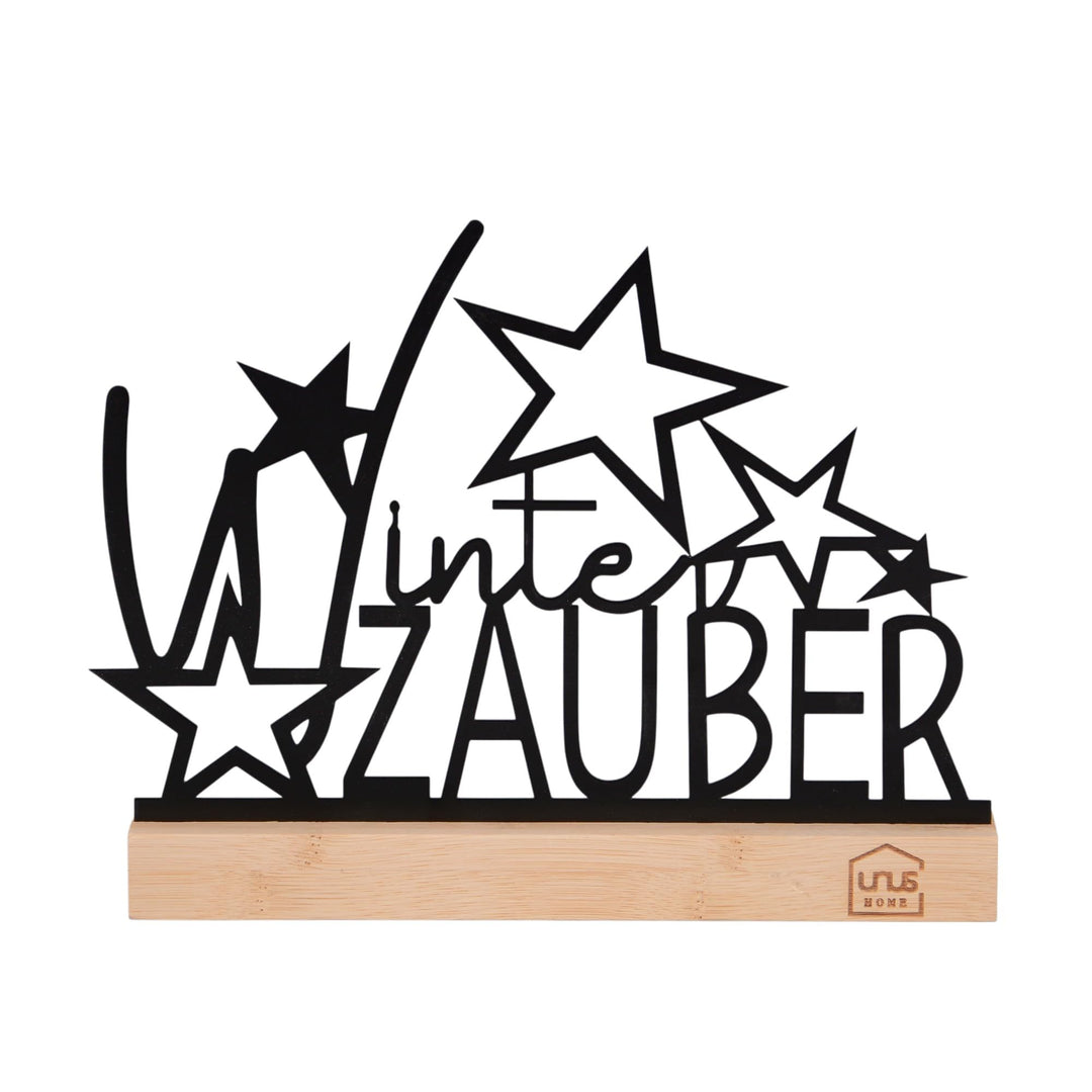 UNUS Aufsteller Winterzauber mit Sternen Winterdeko aus Metall mit Bambusfuss 26x19,5 cm in Schwarz