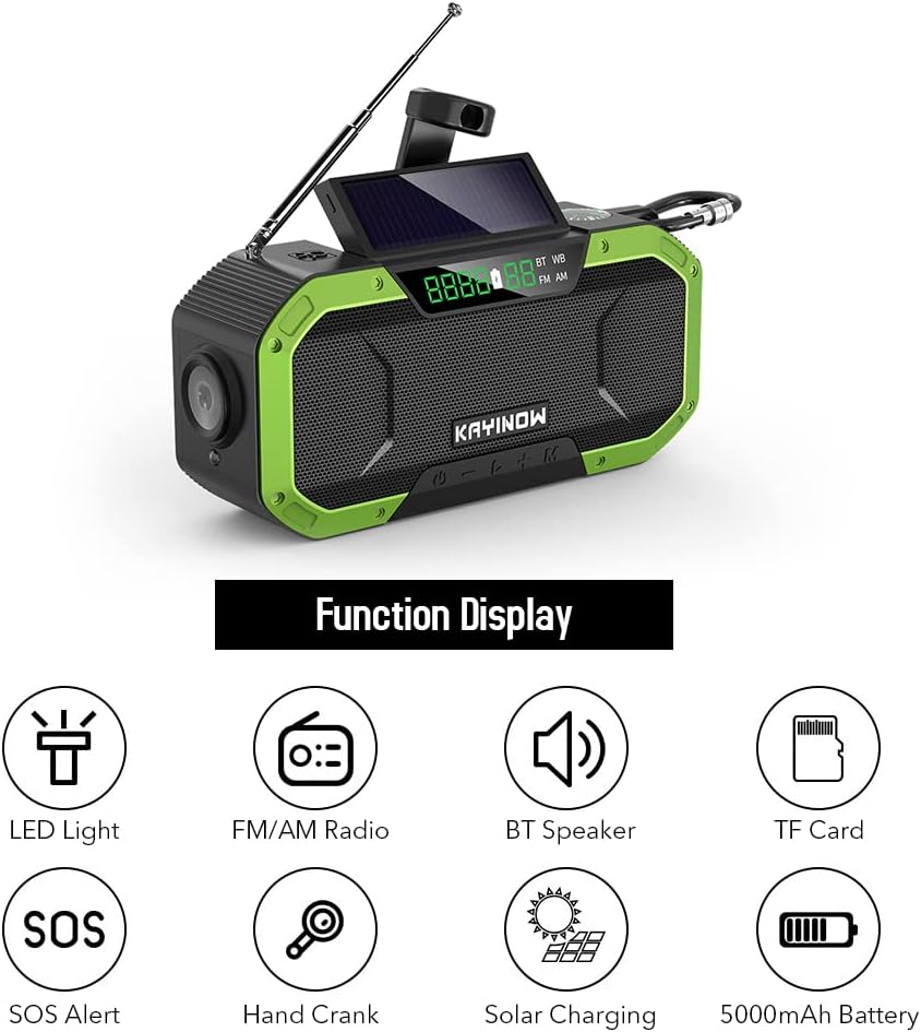 Kavolet Solar Radio, Tragbar Kurbelradio Dynamo Radio mit AM/FM, 5000mAh Power Bank Ladegerät Blitzl