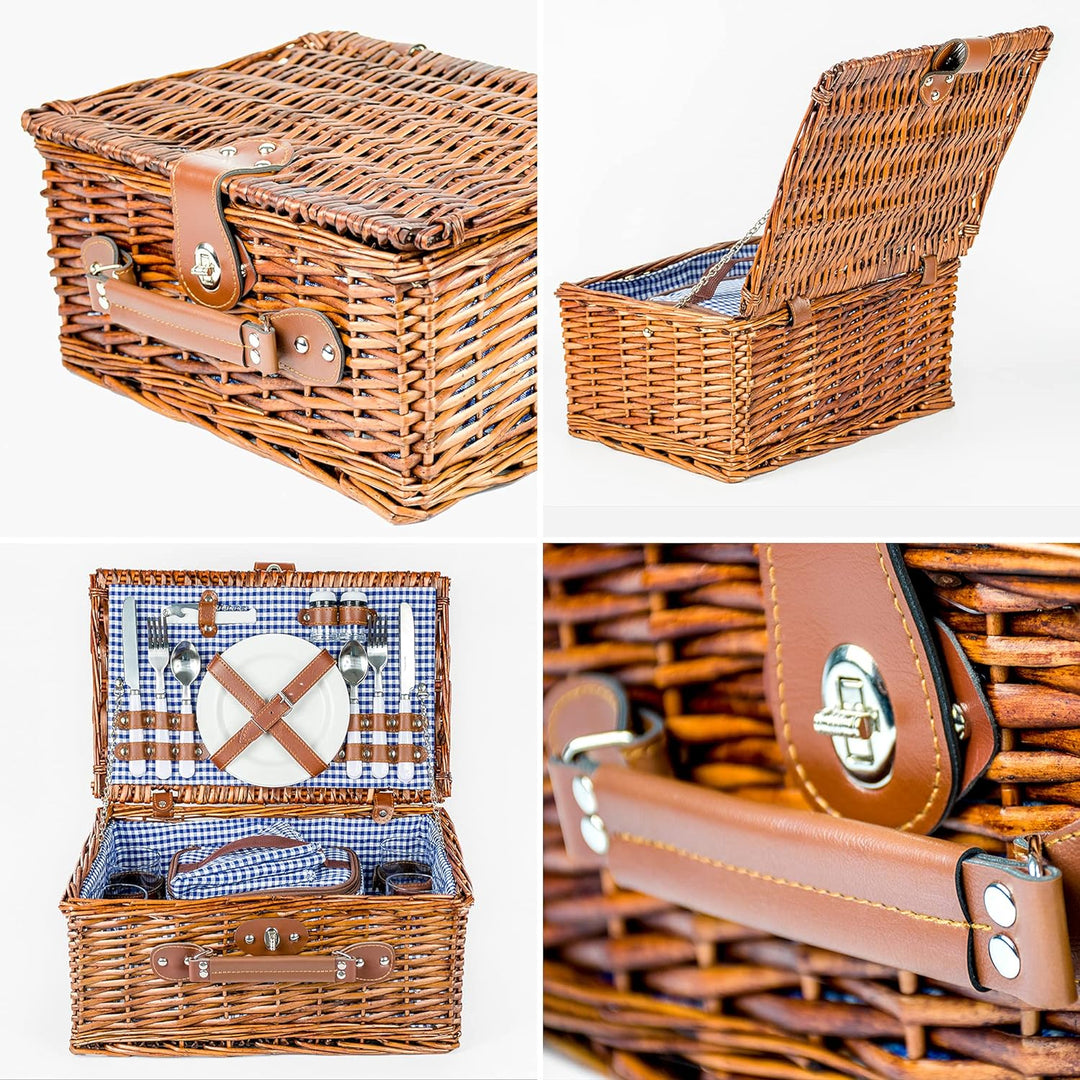 Zolta Picknickkorb 4 Personen - Korb mit Deckel - Weidenkorb mit Picknick Geschirr und Thermotasche