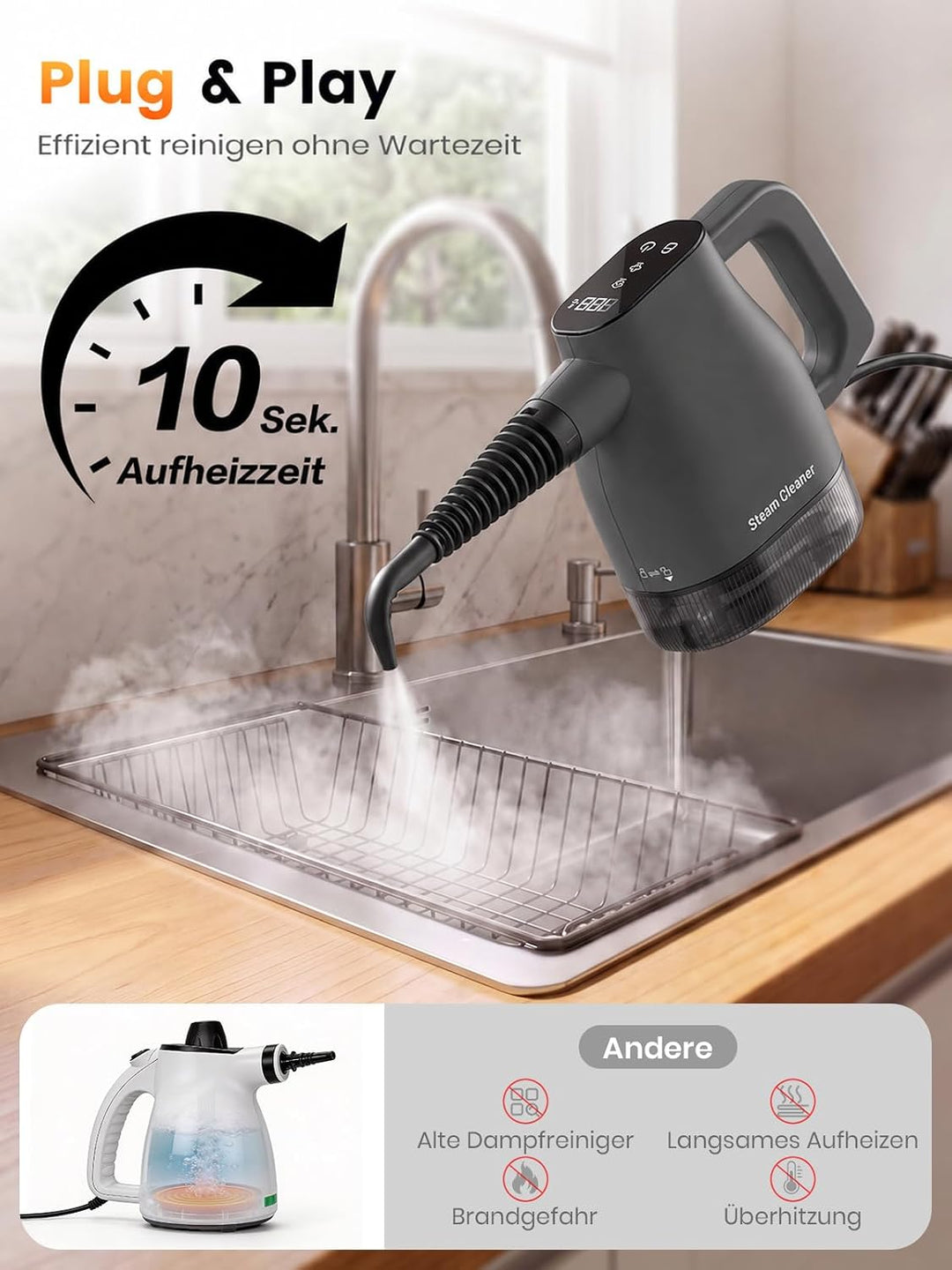 Dampfreiniger mit 10 Sekunden Aufheizzeit, Smart-Touchscreen, Schwarz