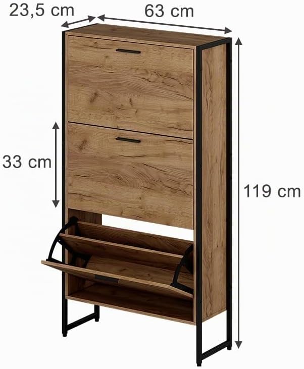 Vicco Schuhkipper Folda, Goldkraft Eiche/Schwarz, 63 x 119 cm mit 3 Kippfächern 3 Fächer, 3 Fächer