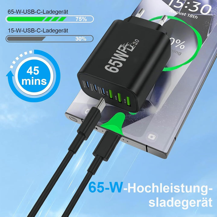 65W GaN Mehrfachladegerät 6 Port, Kompaktes USB-C Schnellladegerät mit 3×USB-C PD & 3×USB-A Anschlüs