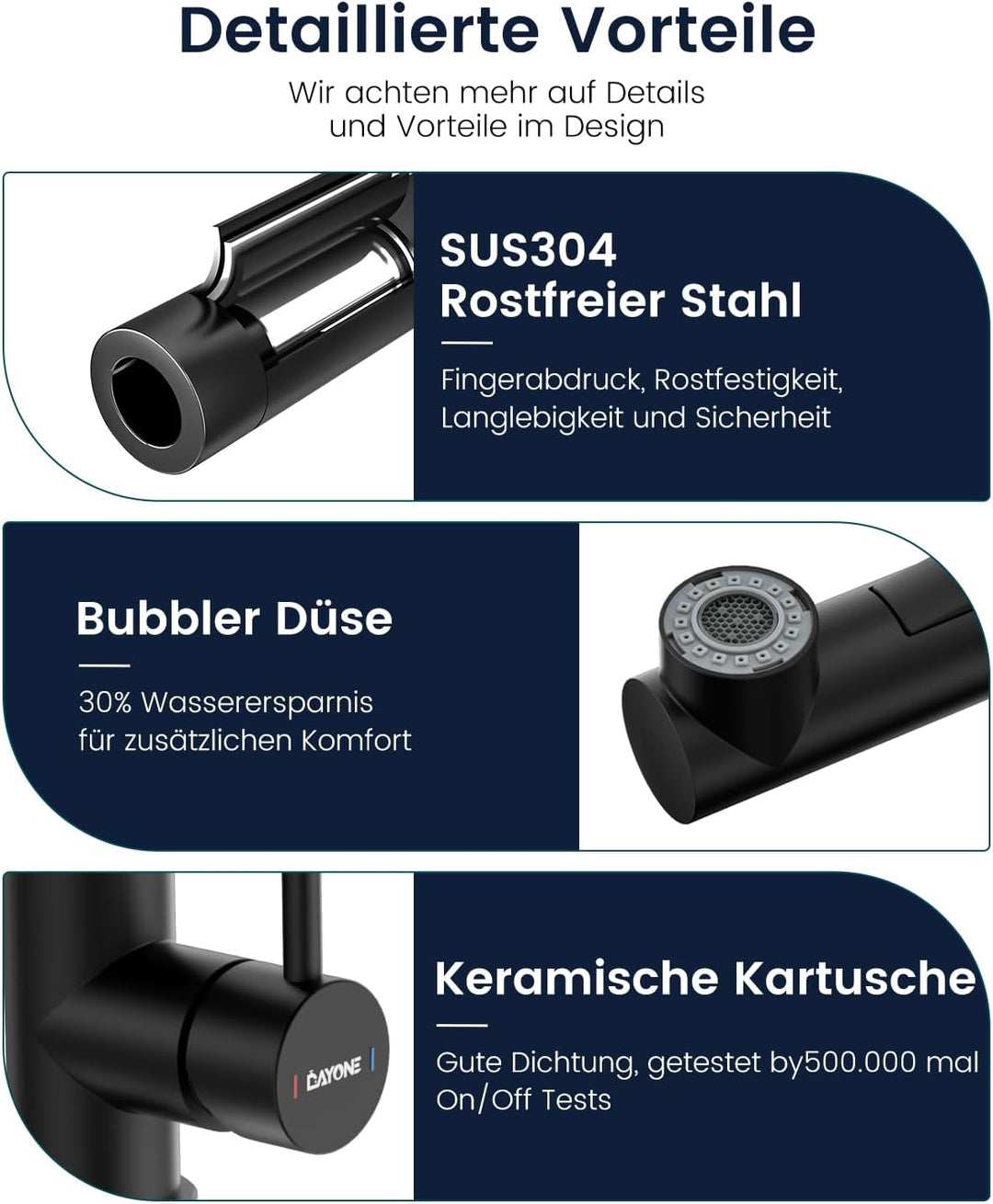 DAYONE Niederdruck Küchenarmatur Schwarz, Niederdruck Wasserhahn Küche Ausziehbare Brause mit 2 Stra