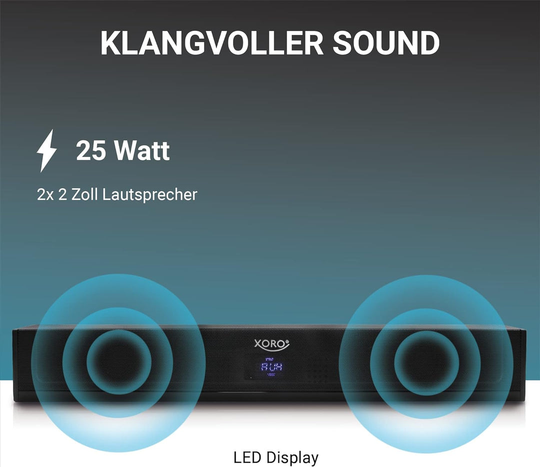XORO TV Soundbar HSB 50 V2 mit 25 Watt Leistung, Bluetooth Lautsprecher, USB Mediaplayer, Line IN, O
