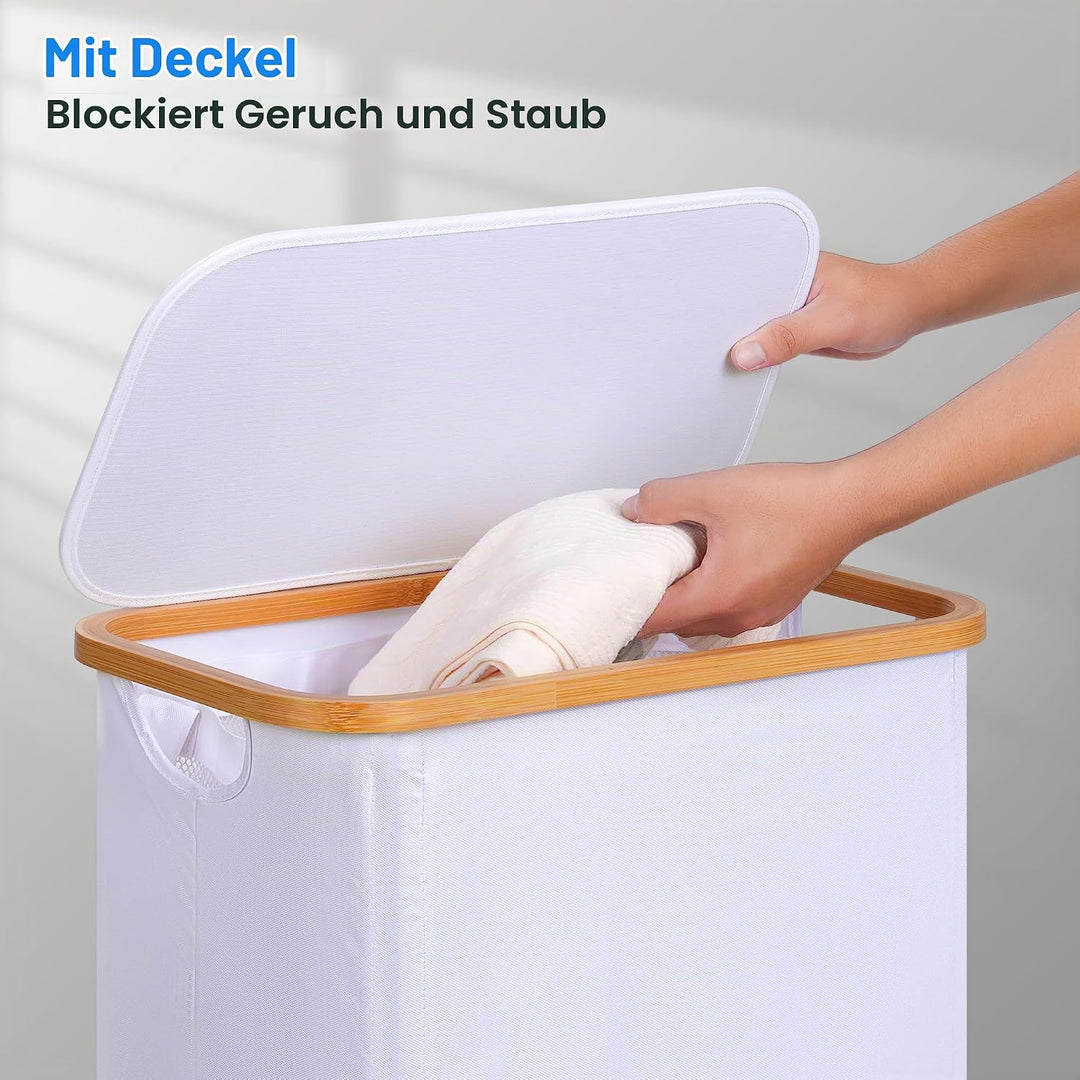 efluky Wäschekorb mit Deckel 75L, Schmal Wäschekorb mit Waschbarer Innentasche, Weiss Wäschebehälter
