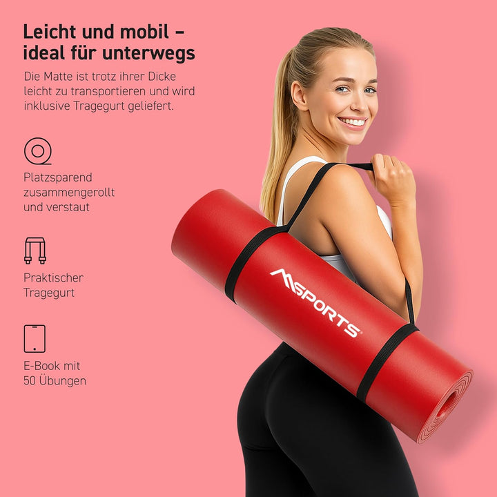 MSPORTS Gymnastikmatte Premium inkl. Tragegurt + Übungsposter + Workout App I Hautfreundliche Fitnes