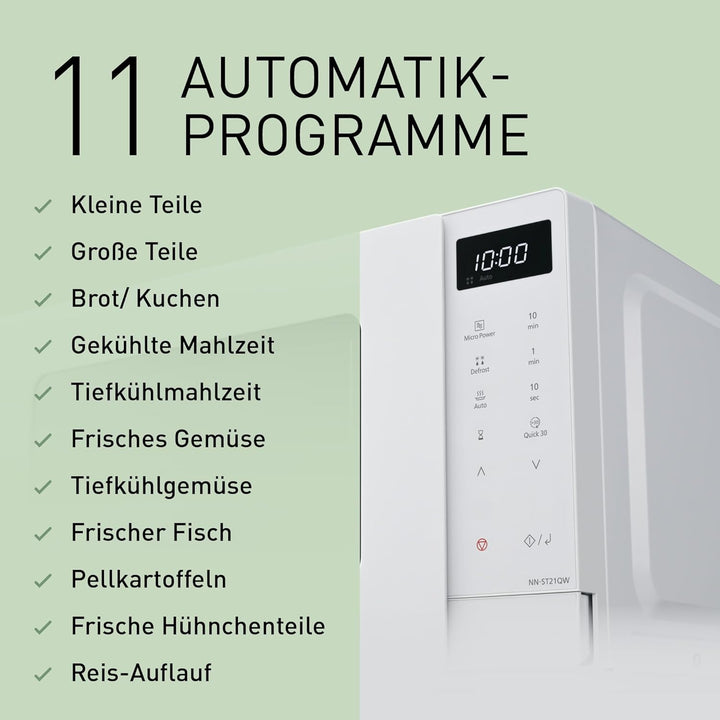 Panasonic NN-ST21QWEPG 20L Solo-Mikrowelle mit Drehteller, 800 W, automatisches Auftauen, 11 Automat