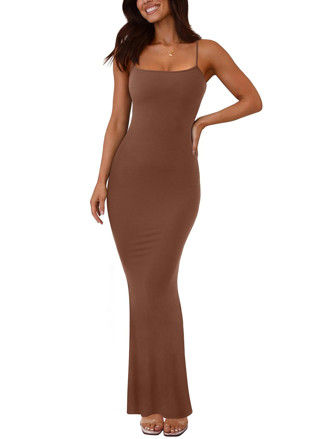 REORIA Damen Sexy Lounge Slip Langes Kleid Elegantes Hochzeitsgast ärmelloses rückenfreies Geripptes