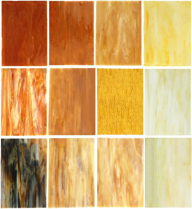 Lanyani Buntglasplatten, 10,2 x 15,2 cm, Tiffany-Glas, gemischte Texturen, 10 Blatt Bernstein, Berns
