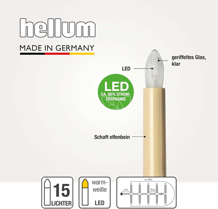 hellum Lichterkette Made-in-Germany Weihnachtsbaum, Kerzen Lichterkette innen mit Clip, 15 BS warm-w