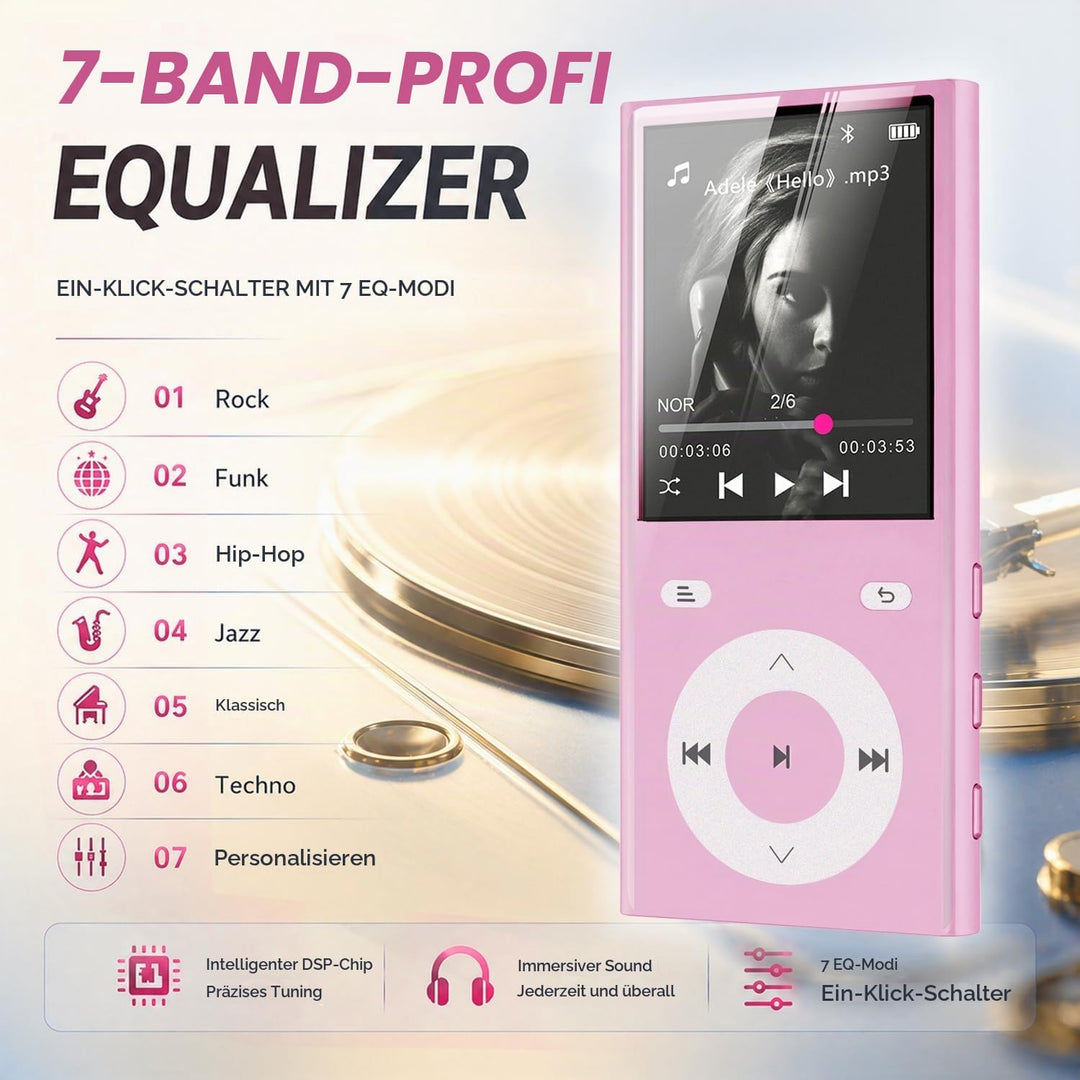 90GB MP3 Player Bluetooth 5.3, Musik Player 2 TF-Kartensteckplätzen Rosa, Rosa