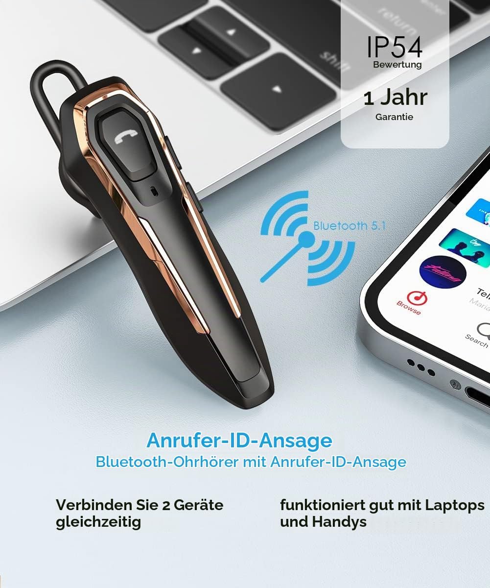 Micool Headset Bluetooth V5.0, Geräuschunterdrückung Freisprech Bluetooth Headset Handy 30 Stunden G