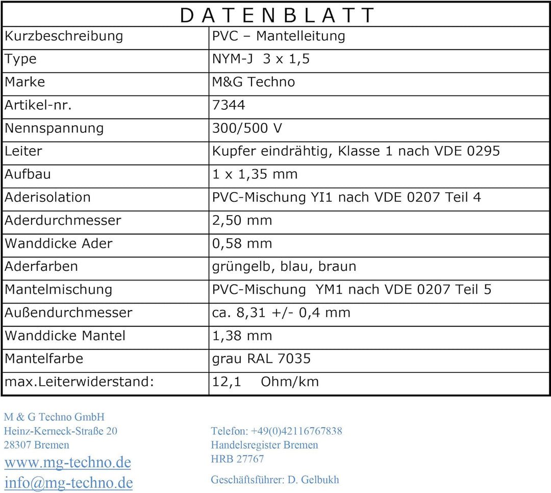 M&G Techno 100m NYM-J 3x1,5 mm² Mantelleitung Elektro Strom Kabel Kupfer eindrähtig Made in Germany,