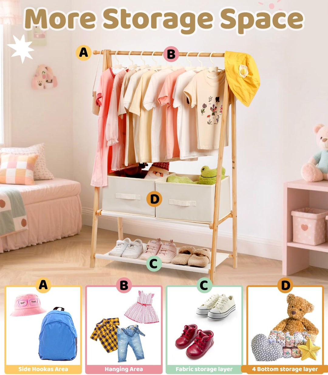 Bambus Kinder Kleiderständer, mit 2 Aufbewahrungskiste und 2 Ablage, Kleiderstange & Ablage, Kinderz