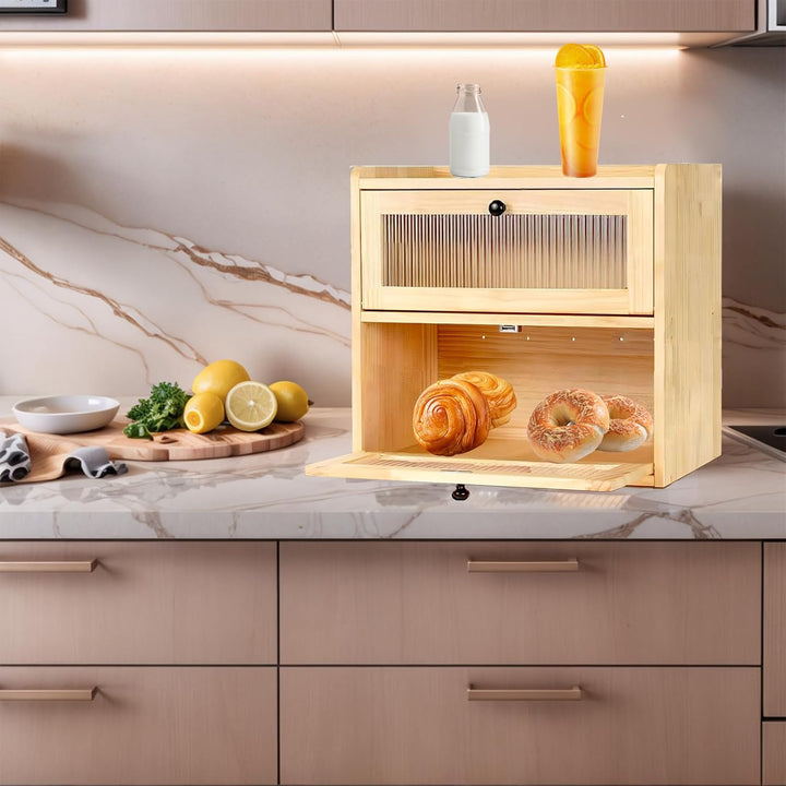 Bambus Brotkasten 2 Etagen,Grosser Brotbox,und Sichtfenster, Eco Aufbewahrungsbox Küche Brotaufbewah