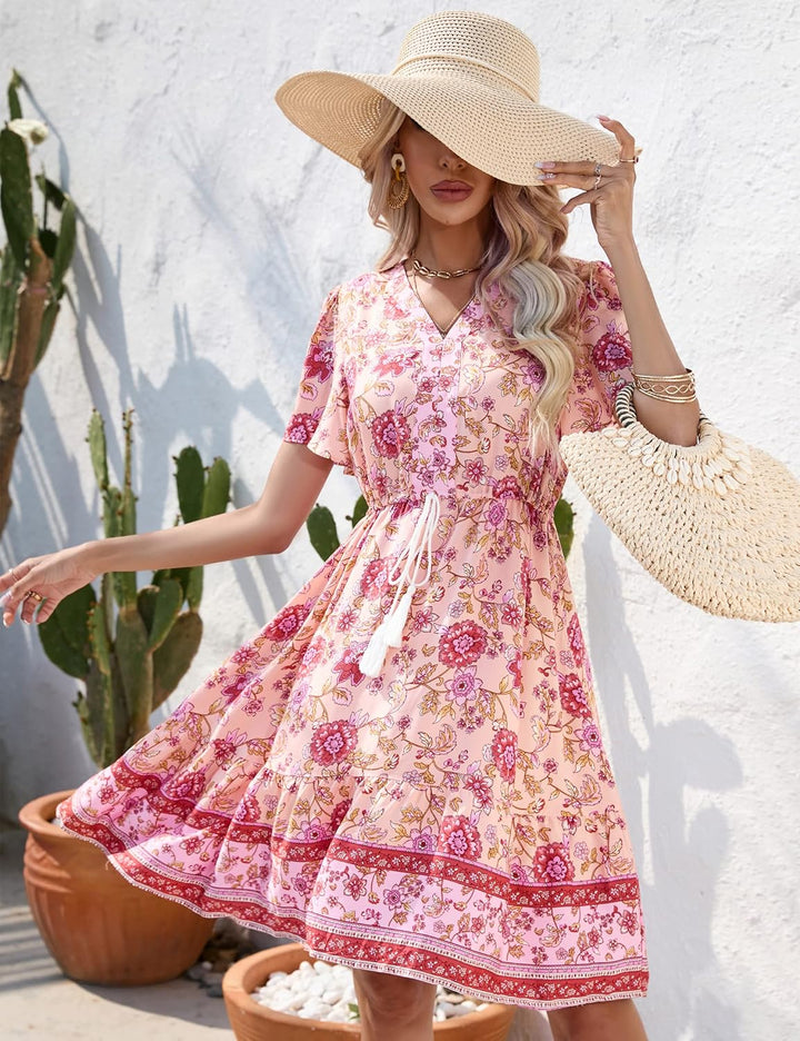 Damen Sommerkleid Boho Tunika Kleid Kurzarm Minikleider V-Ausschnitt Strandkleid kurz Blumenkleid Rü
